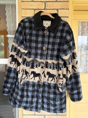 Vintage Yukon Trail Fleece Button Down Jacket Women’s Large Blue Horse Trees